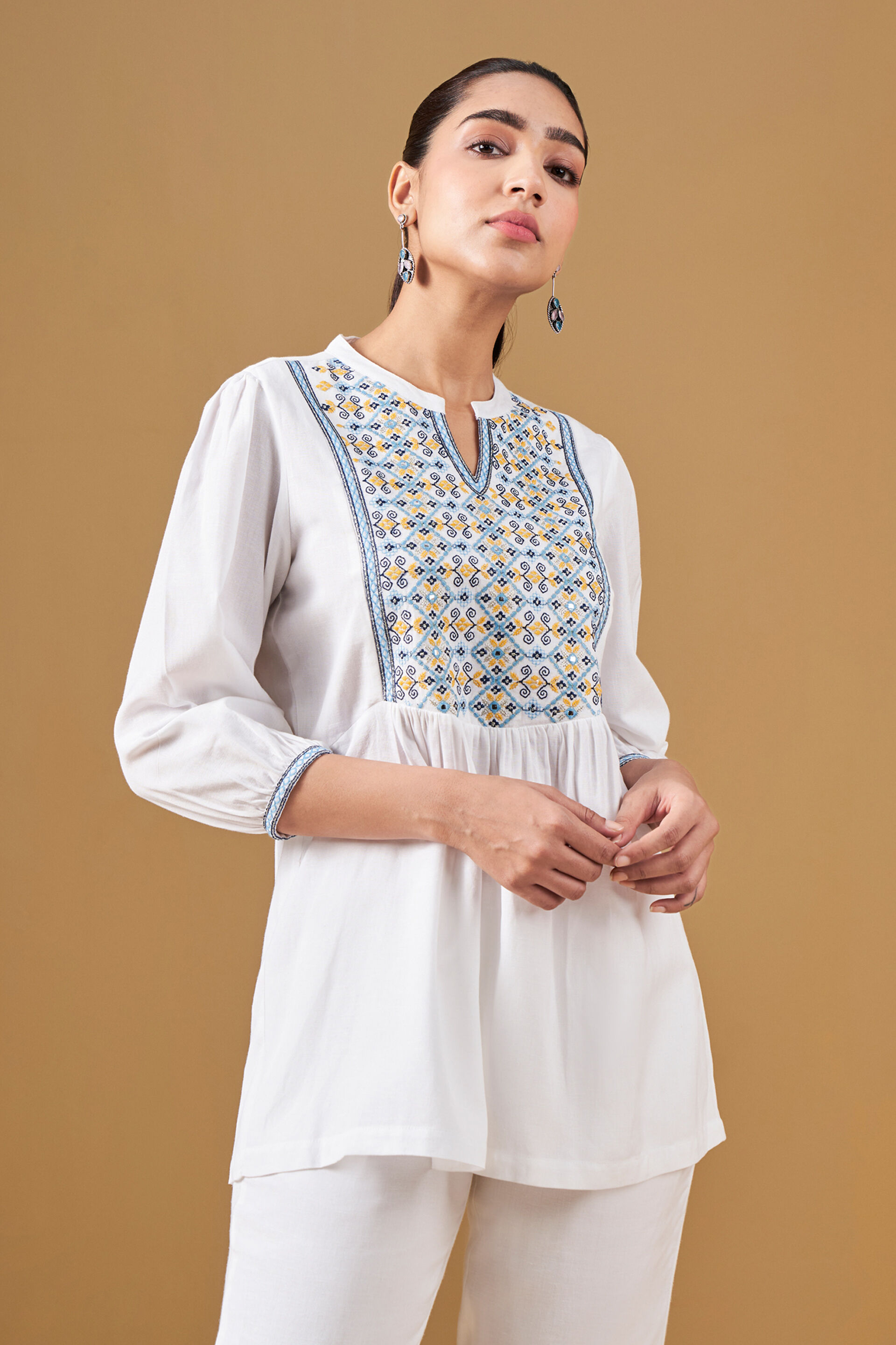 Geometric Embroidery Casual Top, White, image 2